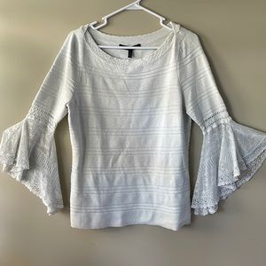 NWT WHBM white bell sleeve sweater with lace detail sleeves and silver accents